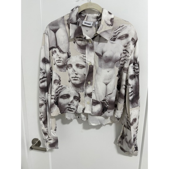Weekday Statue Print Button-Up Shirt XS Art Graphic Blouse Y2K Top Blouse - Picture 1 of 6